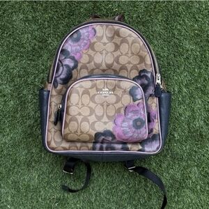 Coach Brown Signature Backpack with Pink Floral Accents